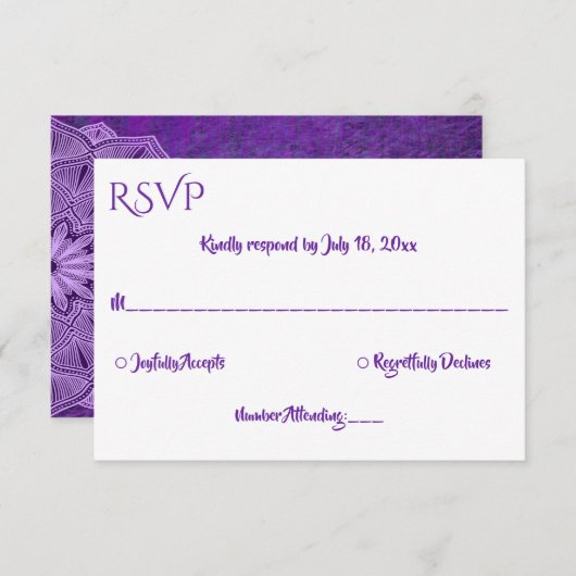 Elegant Simple Paars Calligraphy Mandala Wedding RSVP Kaartje (Voorkant / Achterkant)