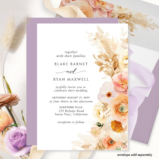 Elegant Simple Peach, Blush Cream Lavender Weddens Kaart