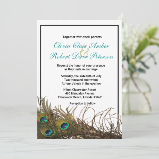 Elegant Simple Peacock Feathers Weddenschap Kaart (Staand voorkant)