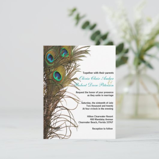 Elegant Simple Peacock Feathers Weddenschap Kaart (Staand voorkant)