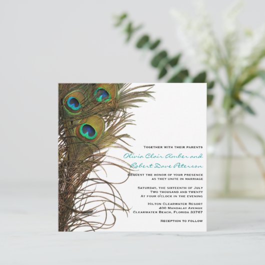 Elegant Simple Peacock Feathers Weddenschap Kaart (Staand voorkant)