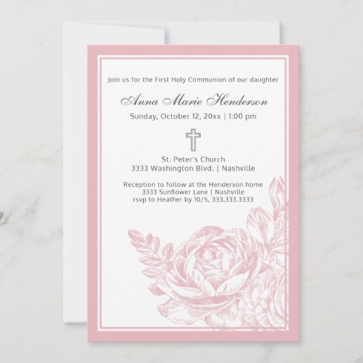 Elegant Simple Pink Floral First Heilige Communie Kaart (Voorkant)