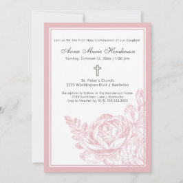 Elegant Simple Pink Floral First Heilige Communie Kaart