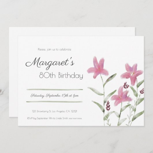 Elegant Simple Pink Floral Waterverf Birthday Kaart (Voorkant / Achterkant)