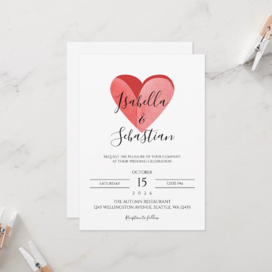 Elegant Simple Pink Heart Wedding Invitation Kaart (Voorkant / Achterkant in situ)