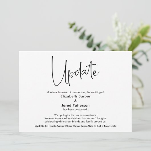 Elegant Simple Postponed Weddenschap Update Card Kaart (Staand voorkant)
