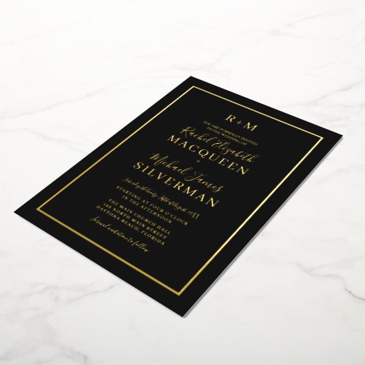 Elegant Simple Real Gold Border Black Wedding Folie Uitnodiging (Gedraaid)