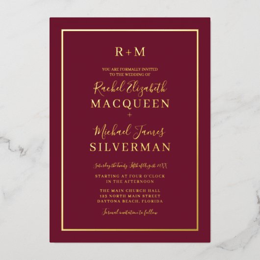 Elegant Simple Real Gold Border Burgundy Wedding Folie Uitnodiging (Voorkant)