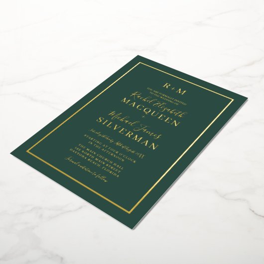 Elegant Simple Real Gold Border Green Wedding Folie Uitnodiging (Gedraaid)