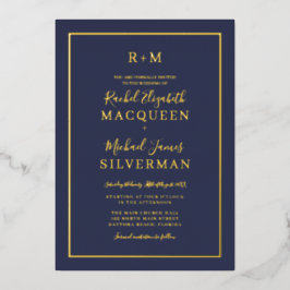 Elegant Simple Real Gold Border Navy Blue Wedding Folie Uitnodiging
