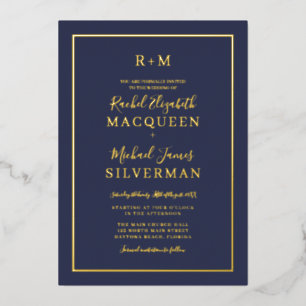 Elegant Simple Real Gold Border Navy Blue Wedding Folie Uitnodiging
