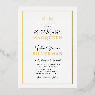 Elegant Simple Real Gold Border White Wedding Folie Uitnodiging