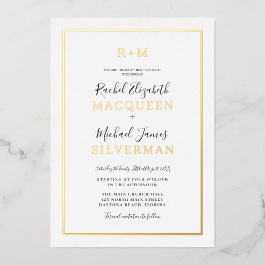 Elegant Simple Real Gold Border White Wedding Folie Uitnodiging (Voorkant)