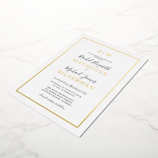 Elegant Simple Real Gold Border White Wedding Folie Uitnodiging (Gedraaid)