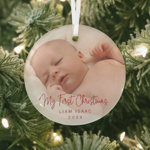 Elegant Simple Red Baby Foto voor de eerste kerst Glas Ornament