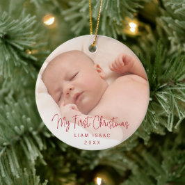 Elegant Simple Red Baby Foto voor de eerste kerst Keramisch Ornament