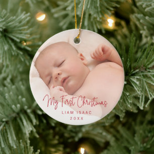 Elegant Simple Red Baby Foto voor de eerste kerst Keramisch Ornament
