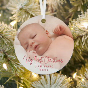 Elegant Simple Red Baby Foto voor de eerste kerst Metalen Ornament