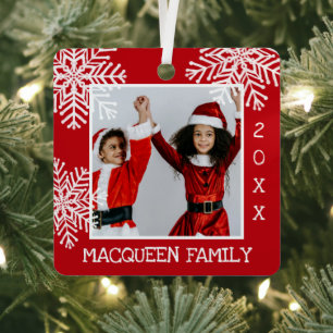 Elegant Simple Red White Snowflake Fotokerstmis Metalen Ornament