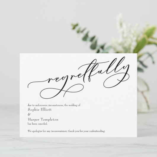 Elegant Simple "Regretully" Geannelde bruiloft Car Kaart (Staand voorkant)