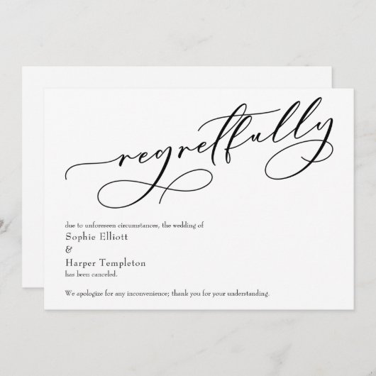 Elegant Simple "Regretully" Geannelde bruiloft Car Kaart (Voorkant / Achterkant)