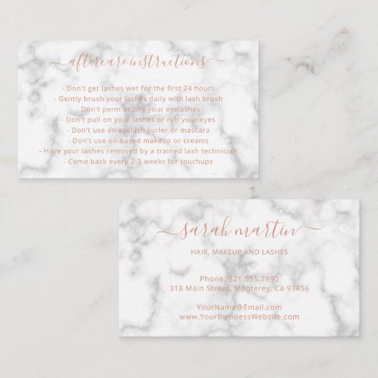 Elegant Simple Roos Gold Marble Lashes Aftercare Visitekaartje (Voorkant / Achterkant)