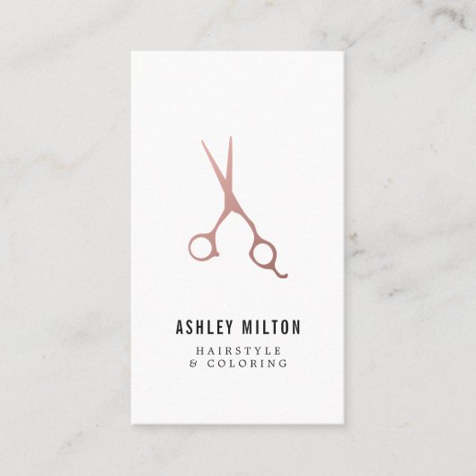 Elegant Simple Roos Gold Scissors Hair Stylist Visitekaartje (Voorkant)