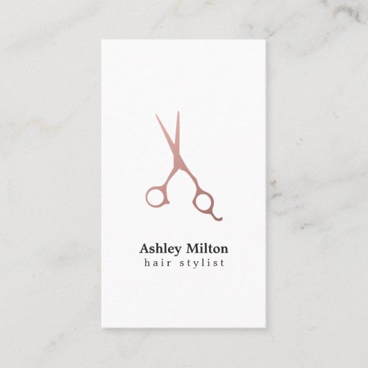 Elegant Simple Roos Gold Scissors Hair Stylist Visitekaartje (Voorkant)