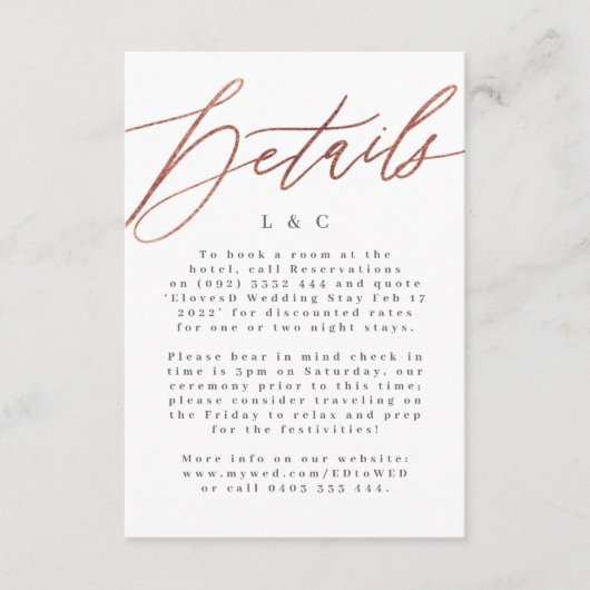 Elegant Simple Roos Gold Wedding Details Kaart (Voorkant)