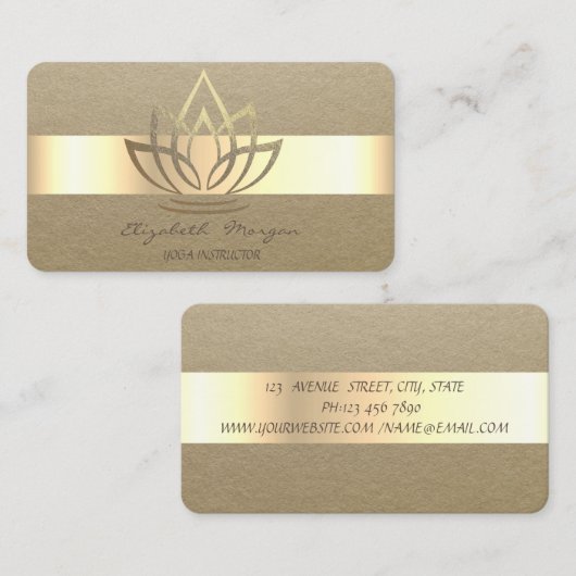 Elegant Simple, Rustic, Kraft Stripe, Gold Lotus Visitekaartje (Voorkant / Achterkant)