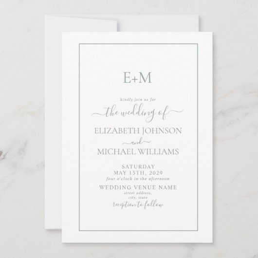 Elegant Simple Sage Green Formal Monogram Weddensc Kaart (Voorkant)