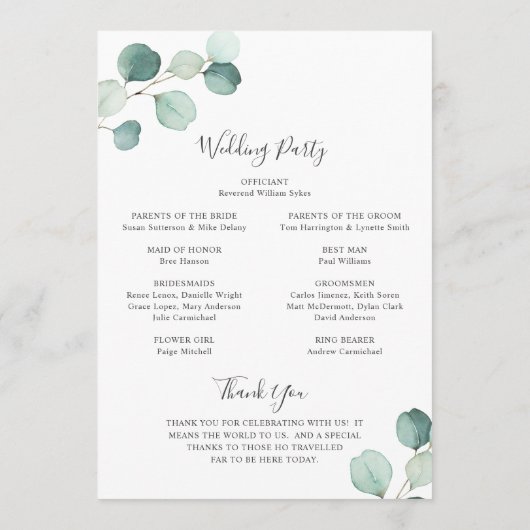 Elegant Simple Sage Greenery Eucalyptus Wedding Programmakaart (Achterkant)