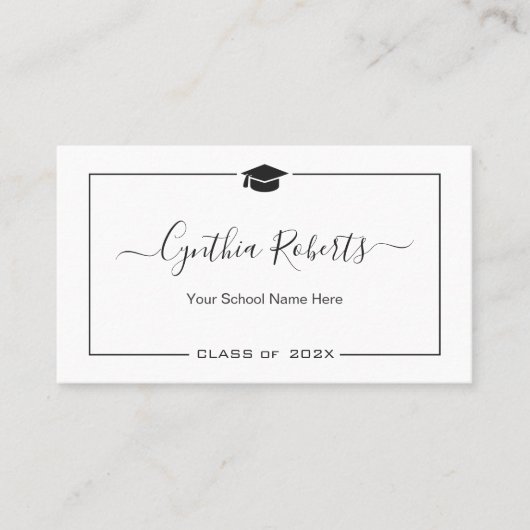 Elegant Simple Script Black White Afstuderen Visitekaartje (Voorkant)