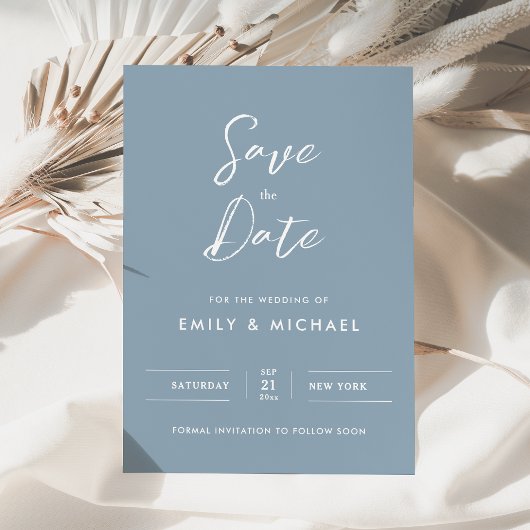 Elegant Simple Script Dusty Blue Wedding Save The Date