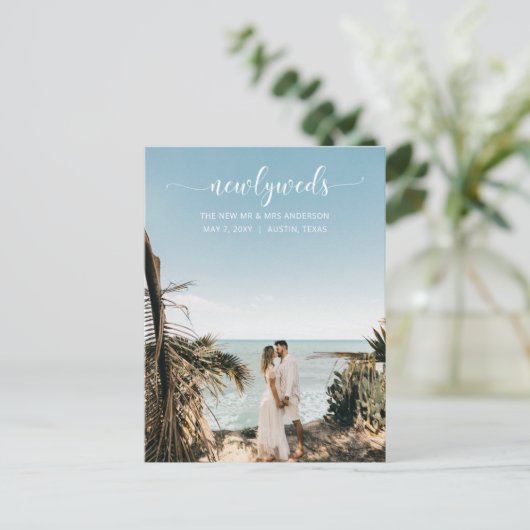 Elegant Simple Script Photo Wedding Announding Briefkaart (Staand voorkant)