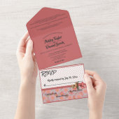 Elegant Simple Script Roze Moderne Floral Wedding All In One Uitnodiging (Afscheurbaar)