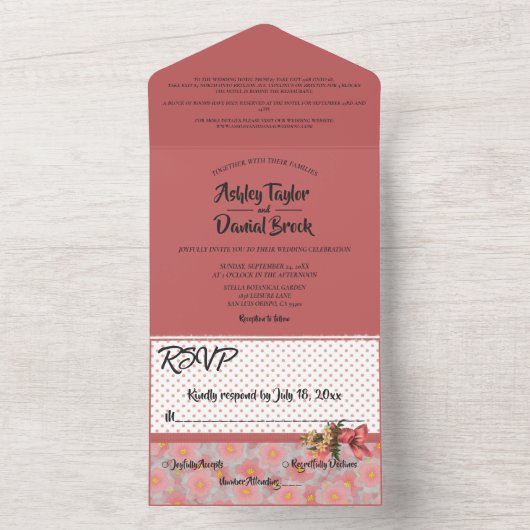 Elegant Simple Script Roze Moderne Floral Wedding All In One Uitnodiging (Binnen)