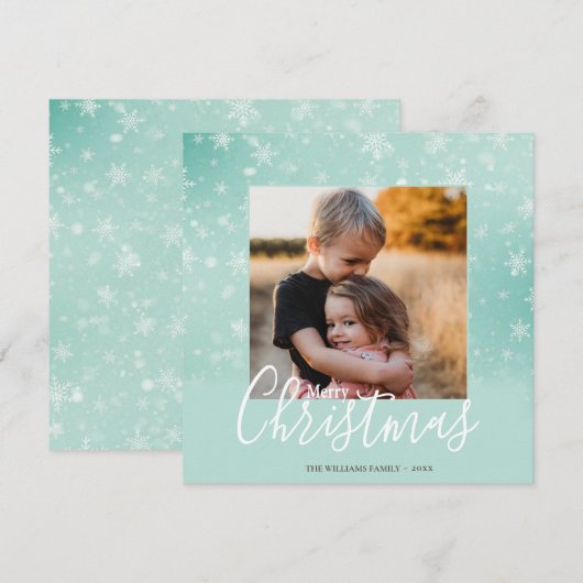 Elegant Simple Snowy Green Merry-kerstfoto Feestdagenkaart (Voorkant / Achterkant)