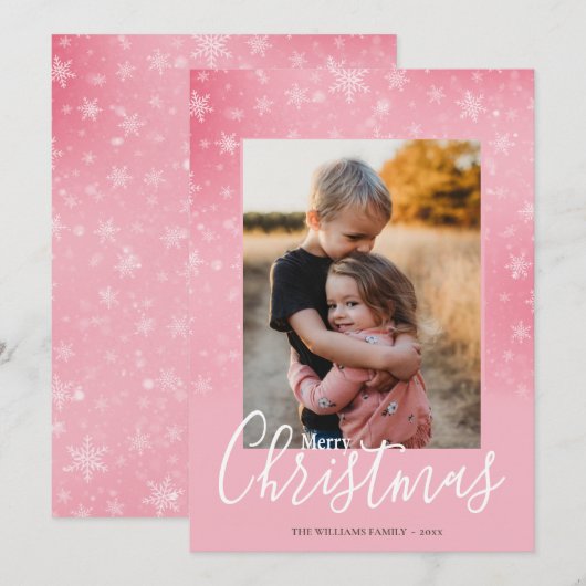 Elegant Simple Snowy Roze kerstfoto Feestdagenkaart (Voorkant / Achterkant)
