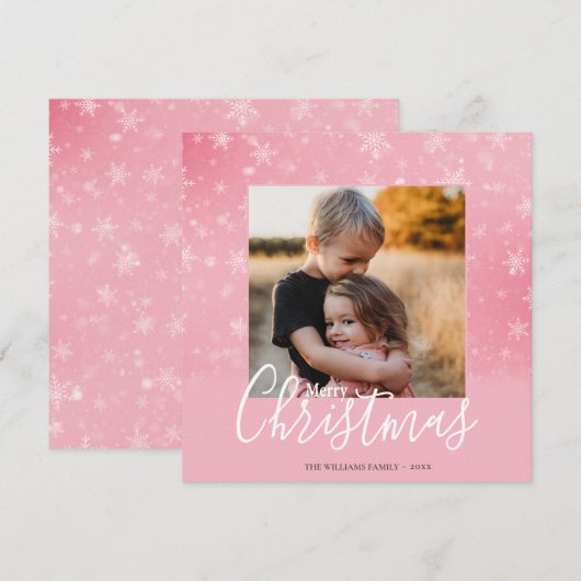 Elegant Simple Snowy Roze kerstfoto Feestdagenkaart (Voorkant / Achterkant)