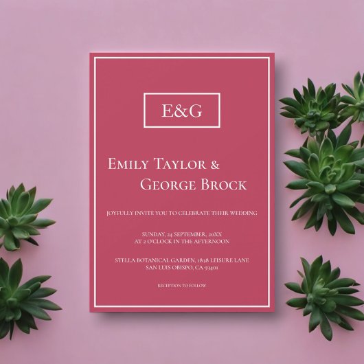 Elegant Simple Viva Magenta Monogram Lijst Weddens Kaart