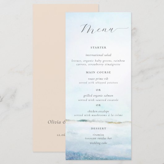 Elegant Simple Waterverf Beach Coastal Wedding Menu (Voorkant / Achterkant)