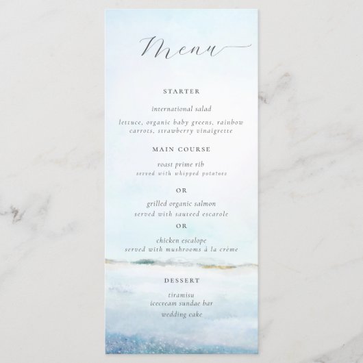 Elegant Simple Waterverf Beach Coastal Wedding Menu (Voorkant)