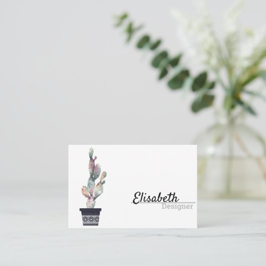 Elegant Simple Waterverf Cactus Script Boho Pots Visitekaartje (Staand voorkant)