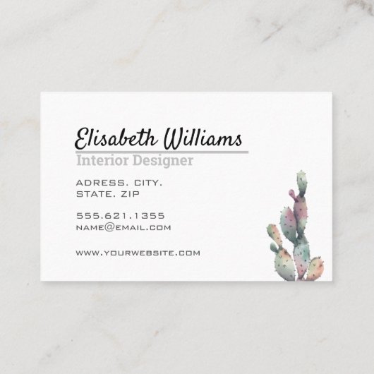 Elegant Simple Waterverf Cactus Script Boho Pots Visitekaartje (Achterkant)