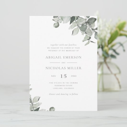 Elegant Simple Waterverf Eucalyptus Wedding Invit Kaart (Staand voorkant)