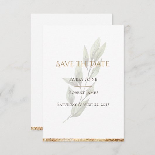 Elegant Simple Waterverf Gold Greenery Modern Save The Date (Voorkant / Achterkant)
