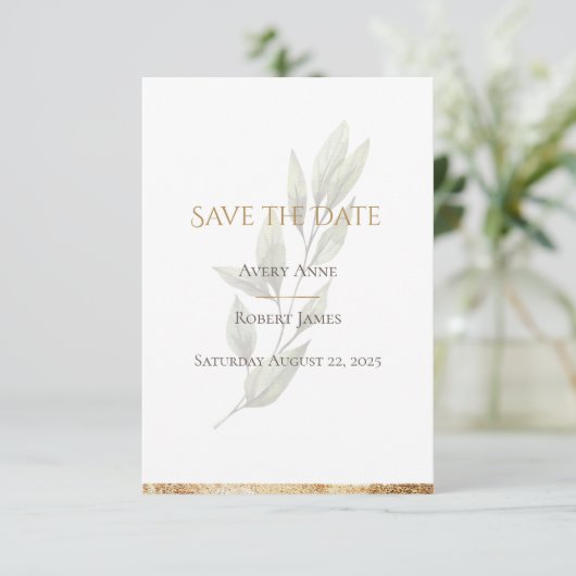 Elegant Simple Waterverf Gold Greenery Modern Save The Date (Staand voorkant)