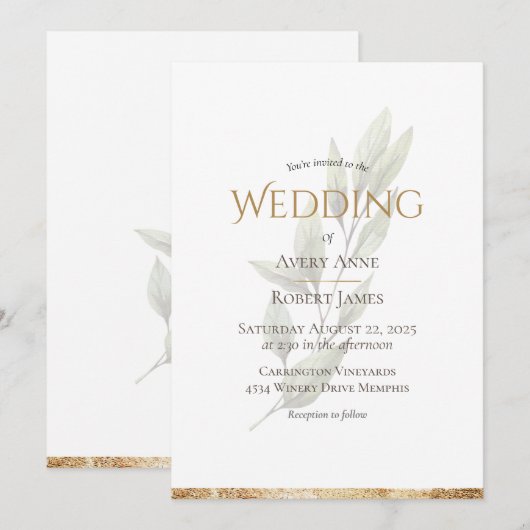 Elegant Simple Waterverf Greenery Gold Wedding Kaart (Voorkant / Achterkant)