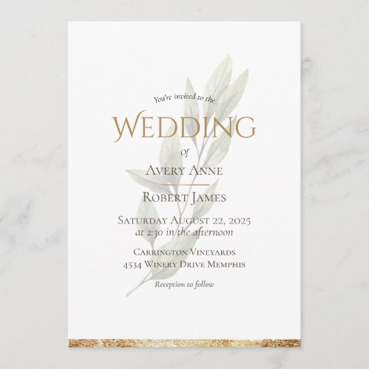 Elegant Simple Waterverf Greenery Gold Wedding Kaart (Voorkant)